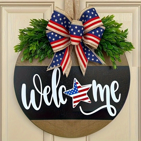 Panneau de Bienvenue Jour de l'Indépendance Porte Entrée Rond en Bois Patriotique Étoiles Rayures Nœud Papillon Décor