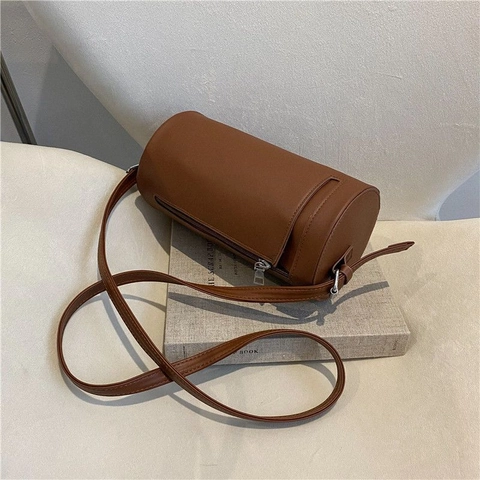 Women PU Leather Cylinder Crossbody Bag Retro Minimalist Barrel Shoulder Bag Adjustable Strap Solid Color Fashion