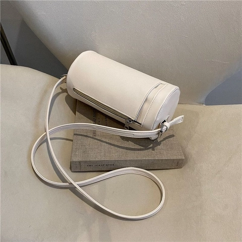 Women PU Leather Cylinder Crossbody Bag Retro Minimalist Barrel Shoulder Bag Adjustable Strap Solid Color Fashion
