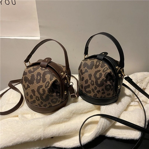 Leopard Muster Bucket Bag PU Leder Retro Klein Zylindrisch Umhängetasche Handtasche Für Damen Vintage Griff