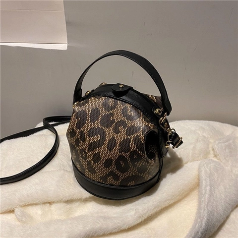 Leopard Muster Bucket Bag PU Leder Retro Klein Zylindrisch Umhängetasche Handtasche Für Damen Vintage Griff