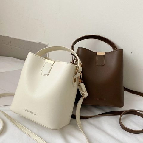 Women Fashion Embossed PU Leather Bucket Bag Minimalist Versatile Crossbody Handbag With Hand Strap And Adjustable Shoulder Strap