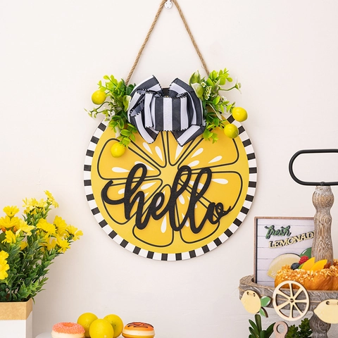 Lemon Hello Door Sign Wood Welcome Wreath Summer Farmhouse Rustic Front Door Hanging Decor Faux Greenery Striped Bow