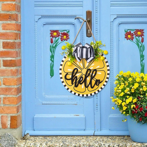 Lemon Hello Door Sign Wood Welcome Wreath Summer Farmhouse Rustic Front Door Hanging Decor Faux Greenery Striped Bow