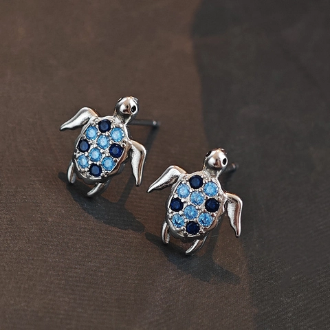 Orecchini A Lobo Tartaruga Marina Ottone Placcato Argento Zirconia Cubica Blu Gioielli Animali Per Donna