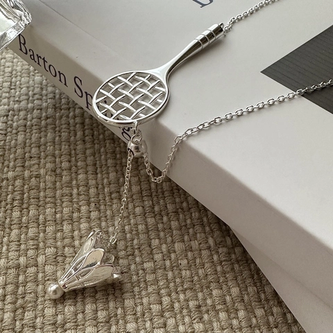 Creative Badminton Racket Shuttlecock Pendant Necklace For Women Silver Plated Copper Adjustable Pull Chain Sporty Style