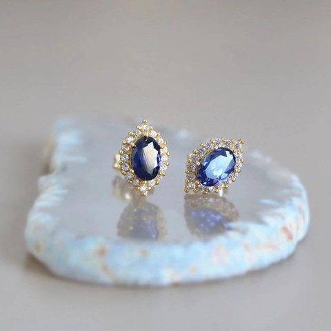 Pendientes De Botón De Gota Zircón Azul Retro Francés Para Mujer Elegante Cobre Chapado En Oro Halo Joyería