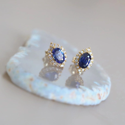 Pendientes De Botón De Gota Zircón Azul Retro Francés Para Mujer Elegante Cobre Chapado En Oro Halo Joyería