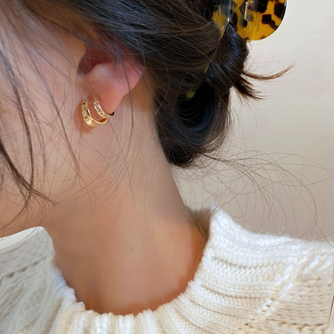 Layered C Shaped Stud Earrings Brass Cubic Zirconia Micro Pave Elegant Minimalist Jewelry For Women