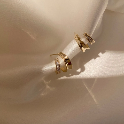 Layered C Shaped Stud Earrings Brass Cubic Zirconia Micro Pave Elegant Minimalist Jewelry For Women