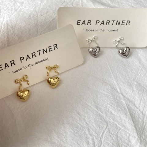 Bow Heart Stud Earrings French Elegant Copper Dangle Earrings For Women Jewelry