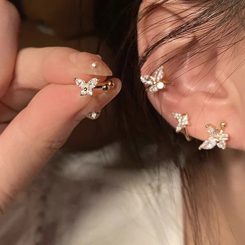 Boucle D Oreille Ear Cuff Papillon Zircon Micro Incrusté Laiton Plaque Or Accessoire De Mode Elegant Pour Femme