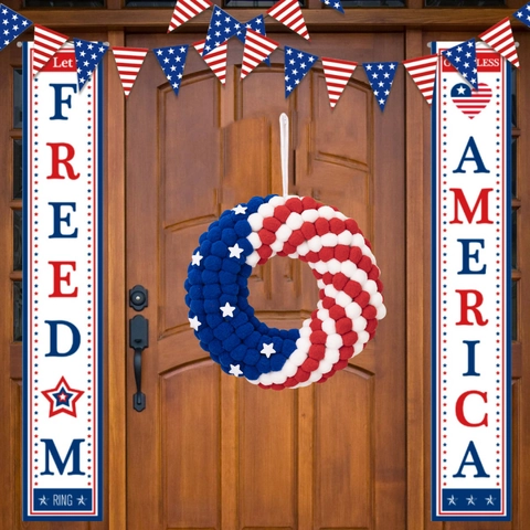 Ghirlanda Giorno Indipendenza Bandiera Americana Rosso Bianco Blu Poliestere Pom Poms Decorazione Patriottica Porta