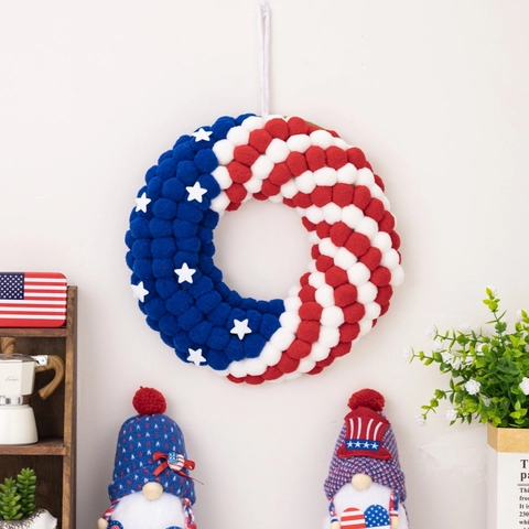 Ghirlanda Giorno Indipendenza Bandiera Americana Rosso Bianco Blu Poliestere Pom Poms Decorazione Patriottica Porta