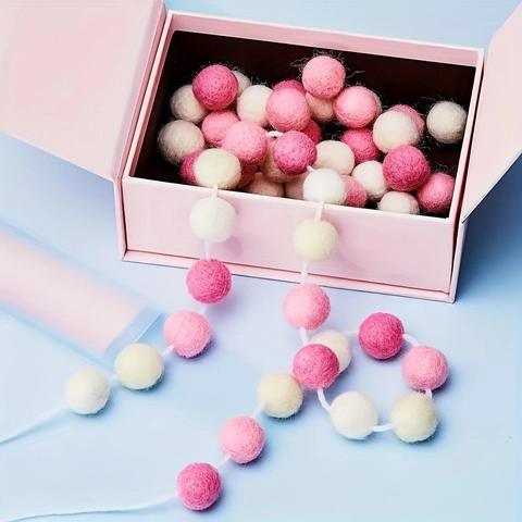 Pompon Slinger Polyester Viltbal Koord Roze Wit Roos Hangende Decoratie Voor Kerstmis Feest Kinderkamer Huis