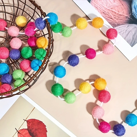 Colorful Polyester Pom Pom Garland Rainbow Felt Ball String Hanging Decoration For Birthday Party Christmas Home Wall Decor