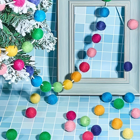 Colorful Polyester Pom Pom Garland Rainbow Felt Ball String Hanging Decoration For Birthday Party Christmas Home Wall Decor