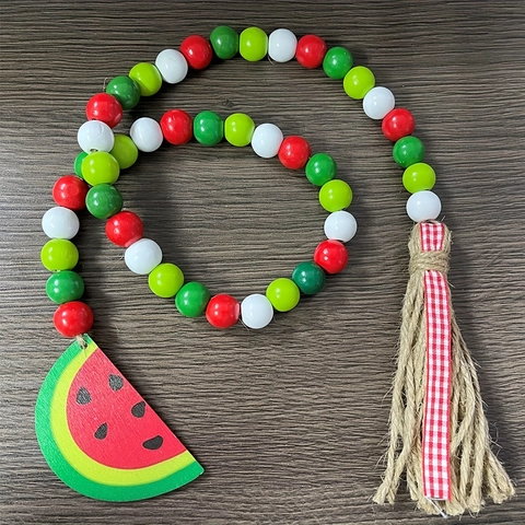 Wood Bead Garland With Watermelon Slice Pendant Jute Tassel Summer Farmhouse Home Decoration Hanging Ornament