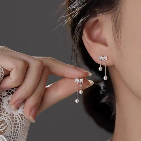 Bow Artificial Pearl Tassel Drop Earrings Copper Zircon Silver Plated Delicate Long Dangle Jewelry For Women