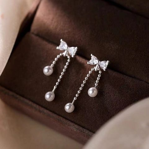 Bow Artificial Pearl Tassel Drop Earrings Copper Zircon Silver Plated Delicate Long Dangle Jewelry For Women