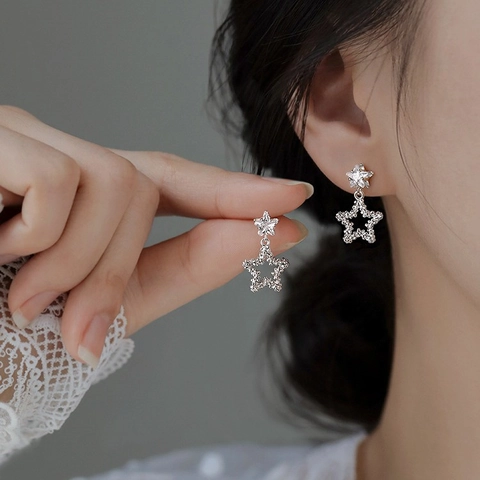 Brass Star Dangle Earrings For Women With Shiny Zircon Hollow Double Star Studs Korean Style Minimalist Elegant Jewelry