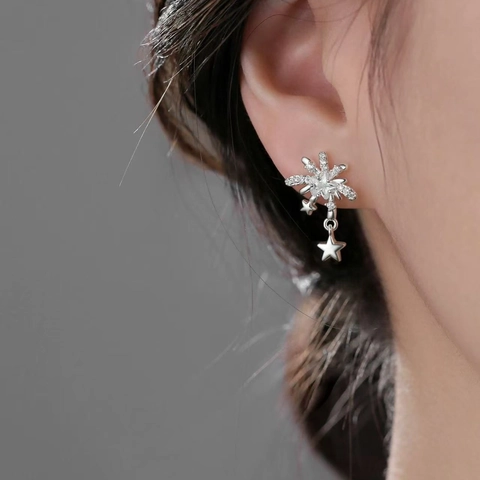 Firework Star Stud Earrings Copper Zirconia Dangle Starburst Elegant Shiny Jewelry For Women