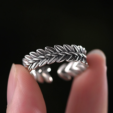 Vintage Wheat Ear Adjustable Open Ring Copper Distressed Silver Finish Retro Leaf Carved Jewelry For Women Men