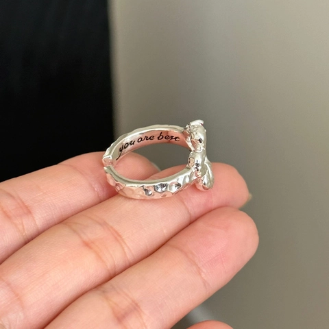 Anillo Abierto De Flor Hueca Cobre Circonita Rosa Textura Martillada Ajustable Joyería De Nicho Elegante Mujer