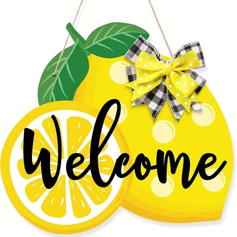 Summer Lemon Welcome Sign Wood Hanging Decor With Double Bowknot For Front Door Farmhouse Home Wall Garden Porch Decoration