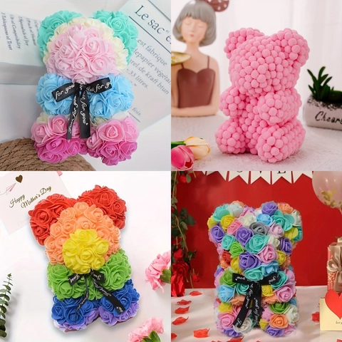 Handmade PE Foam Rose Bear Pompom Teddy Bear Ornament For Valentine's Day Mother's Day Birthday Gift Home Party Decoration Ribbon Detail