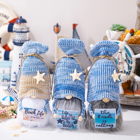 Ocean Summer Gnome Plush Decor Sea Shell Starfish Knitted Tomte With Beach Life Wood Sign Coastal Figurine Home Ornament