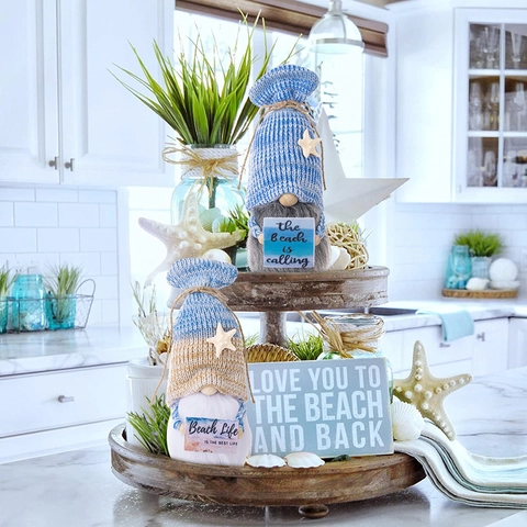 Ocean Summer Gnome Plush Decor Sea Shell Starfish Knitted Tomte With Beach Life Wood Sign Coastal Figurine Home Ornament