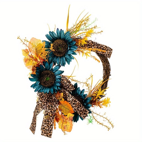 Ghirlanda Autunnale Di Girasoli Blu Con Nastro Leopardato Foglie Di Acero Base In Rattan Decorazione Per Porta