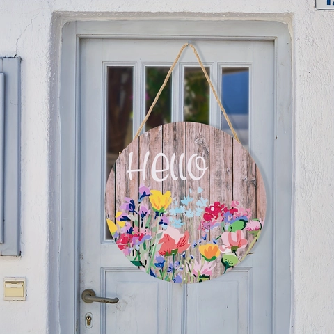 Runde Holz Türschild Hello Willkommen Plakette Frühling Bunte Blumen Rustikale Farmhaus Wanddekoration