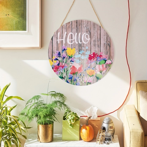 Runde Holz Türschild Hello Willkommen Plakette Frühling Bunte Blumen Rustikale Farmhaus Wanddekoration