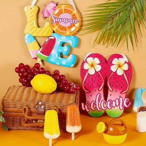 Summer Wooden Beach Hanging Sign Flip Flops Welcome LOVE Wall Plaque Front Door Wreath Decor For Home Beach Party Ornament