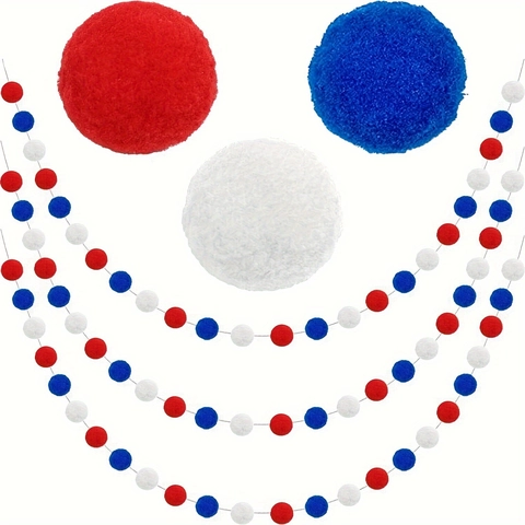 Guirnalda De Pompones Patriótica Rojo Blanco Azul Bolas De Fieltro Decoración Colgante Día De La Independencia Fiesta