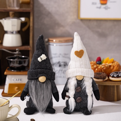 Coffee Theme Gnome Plush Doll Figurine With Knitted Hat Heart Coffee Bean Decor Handmade Gonk Dwarf For Home Cafe Table Decor