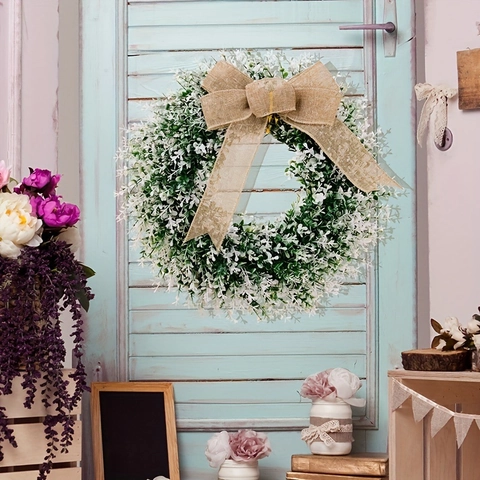 Artificial Greenery Leaf Wreath With Burlap Bow White Flowers Front Door Wall Porch Farmhouse Home Decor