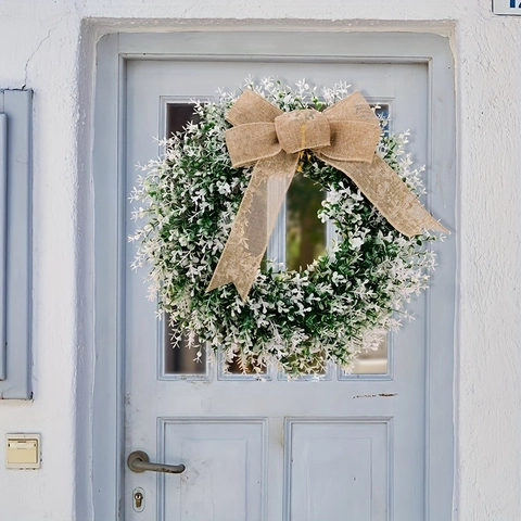 Artificial Greenery Leaf Wreath With Burlap Bow White Flowers Front Door Wall Porch Farmhouse Home Decor