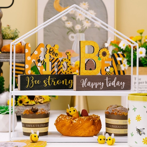Bee Theme Wooden Desktop Ornament Honeycomb Sunflower Bee Kind Wood Sign For Tiered Tray Home Office Table Decorations