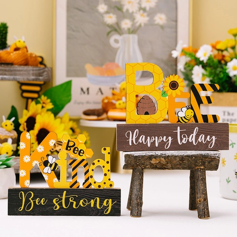 Bee Theme Wooden Desktop Ornament Honeycomb Sunflower Bee Kind Wood Sign For Tiered Tray Home Office Table Decorations