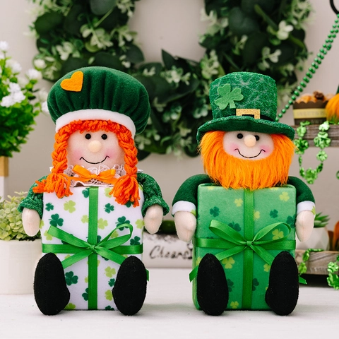 St. Patrick's Day Plush Gnome Decorations Leprechaun Shelf Sitter With Shamrock Gift Box For Home Party Table Festive Decor