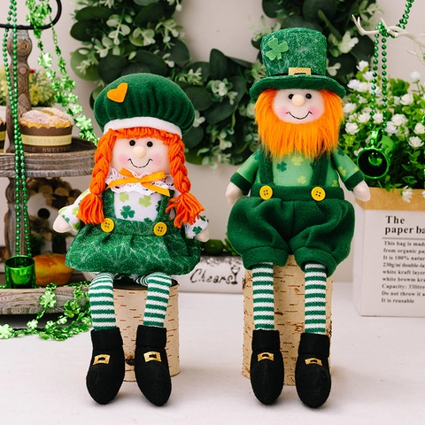 St Patrick Day Puppe Plüsch Leprechaun Stoff Kleeblatt Orange Bart Zöpfe Gestreifte Beine Home Office Party Dekoration