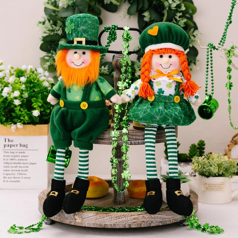 St Patrick Day Puppe Plüsch Leprechaun Stoff Kleeblatt Orange Bart Zöpfe Gestreifte Beine Home Office Party Dekoration