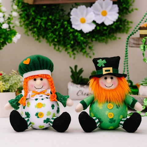 St Patricks Day Pluche Kabouters Ornamenten Stof Klavertje Leprechaun Poppen Voor Home Party Decoratie Groen Oranje