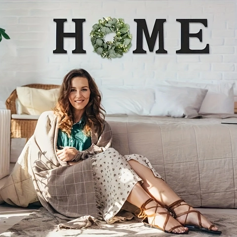 Home Sign Wall Decor Wooden Letters And Artificial Eucalyptus Wreath Farmhouse Rustic Hanging Ornament For Living Room Entryway