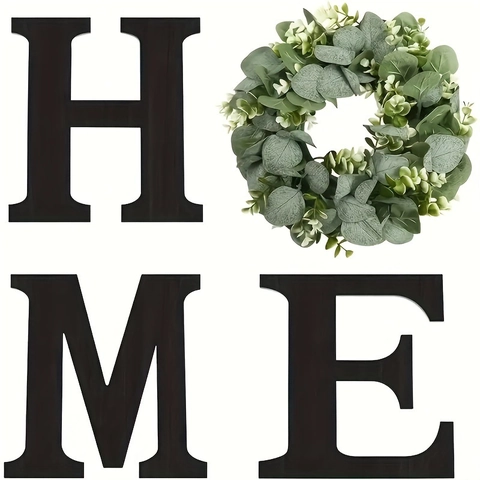 Home Sign Wall Decor Wooden Letters And Artificial Eucalyptus Wreath Farmhouse Rustic Hanging Ornament For Living Room Entryway