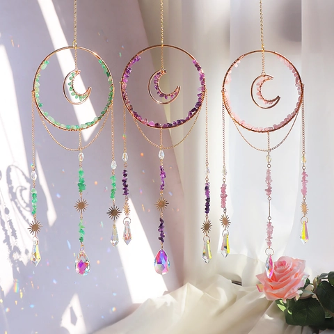Crystal Suncatcher Hanging Ornament Metal Moon Sun Natural Crushed Stone Rainbow Maker Garden Home Window Bohemian Decor
