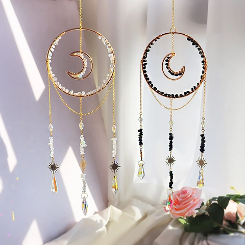 Crystal Suncatcher Hanging Ornament Metal Moon Sun Natural Crushed Stone Rainbow Maker Garden Home Window Bohemian Decor